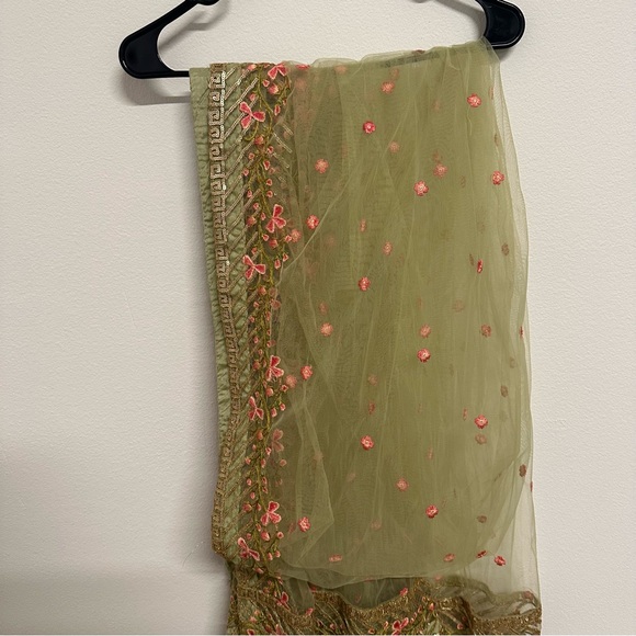 Sage Green and Gold Three-Piece Salwar Kameez | Floral Embroidered  Size Large - Picture 10 of 11